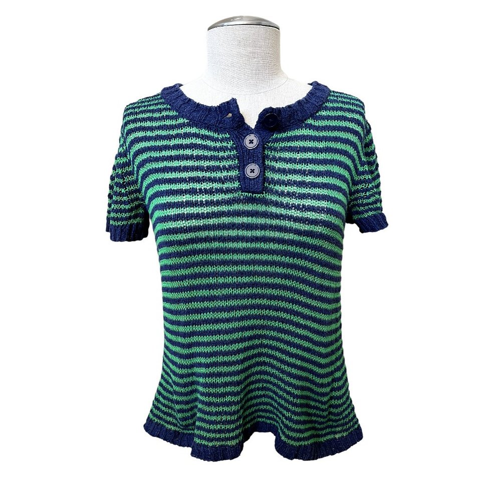 J CREW women's sweater striped blue green short sleeve knit button size SMALL